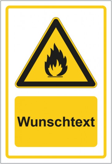 Schild Warnzeichen Warnung vor feuergefährlichen Stoffen gelb mit WUNSCHTEXT · selbstklebend