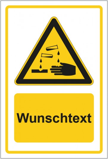 Schild Warnzeichen Warnung vor ätzenden Stoffen gelb mit WUNSCHTEXT