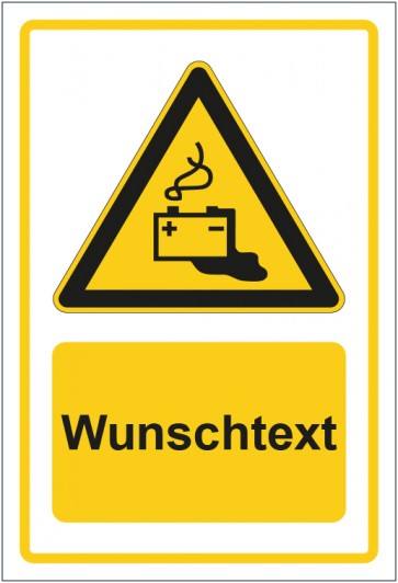 Schild Warnzeichen Warnung vor Gefahr durch das Aufladen von Batterien gelb mit WUNSCHTEXT