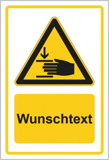 Schild Warnzeichen Warnung vor Handverletzungen gelb mit WUNSCHTEXT
