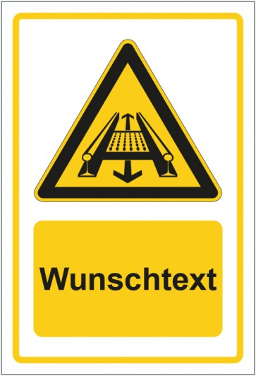 Schild Warnzeichen Warnung vor Gefahr durch eine Förderanlage im Gleis gelb mit WUNSCHTEXT