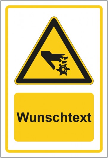 Aufkleber Warnzeichen Warnung vor Handverletzungen durch rotierendes Werkzeug gelb mit WUNSCHTEXT · stark haftend