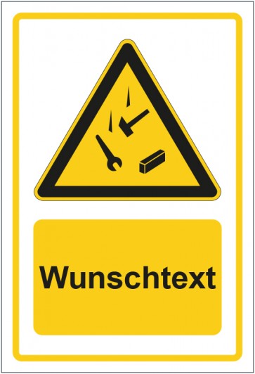 Aufkleber Warnzeichen Warnung vor herabfallenden Gegenständen gelb mit WUNSCHTEXT