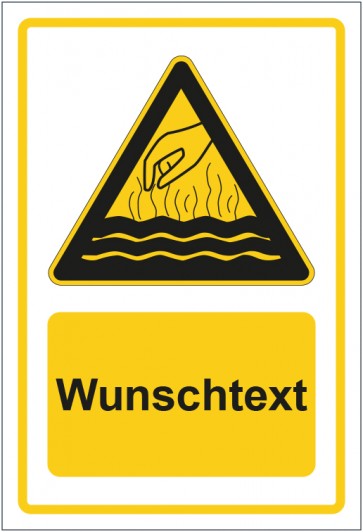 Schild Warnzeichen Warnung vor heißen Medien gelb mit WUNSCHTEXT