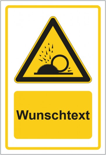 Aufkleber Warnzeichen Warnung vor wegfliegende Späne gelb mit WUNSCHTEXT