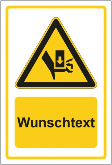 Schild Warnzeichen Warnung vor Handverletzungen - Quetschgefahr durch Einpresswerkzeug gelb mit WUNSCHTEXT