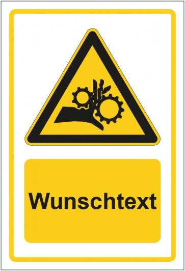 Schild Warnzeichen Warnung vor Einzugsgefahr - Quetschgefahr gelb mit WUNSCHTEXT