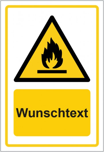 Aufkleber Warnzeichen Warnung vor feuergefährlichen Stoffe · ISO_7010_W021 gelb mit WUNSCHTEXT · stark haftend