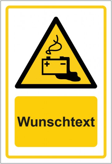 Aufkleber Warnzeichen Warnung vor Gefahren durch das Aufladen von Batterien ISO_7010_W026 gelb mit WUNSCHTEXT · stark haftend