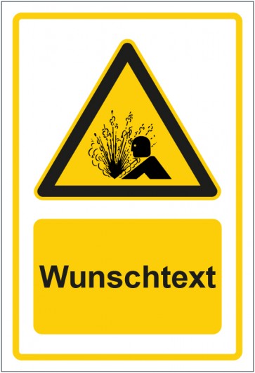 Schild Warnzeichen Warnung vor explosiv austretenden Gasen gelb mit WUNSCHTEXT