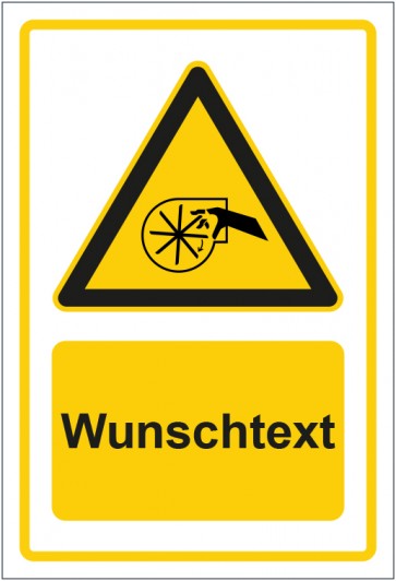 Schild Warnzeichen Warnung vor Handverletzung durch rotierende Lüfterblätter gelb mit WUNSCHTEXT