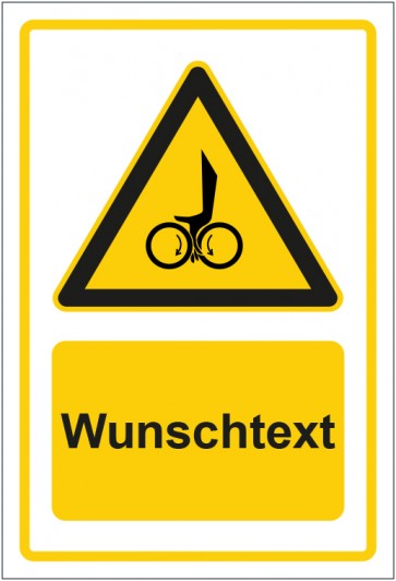 Schild Warnzeichen Warnung vor Einzugsgefahr durch rotierende Walzen gelb mit WUNSCHTEXT · selbstklebend