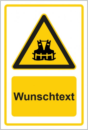 Schild Warnzeichen Hinweiszeichen Achtung, Rettungsweste tragen gelb mit WUNSCHTEXT · selbstklebend