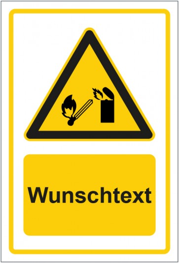 Schild Warnzeichen Hinweiszeichen Achtung, kein offenes Feuer gelb mit WUNSCHTEXT · selbstklebend