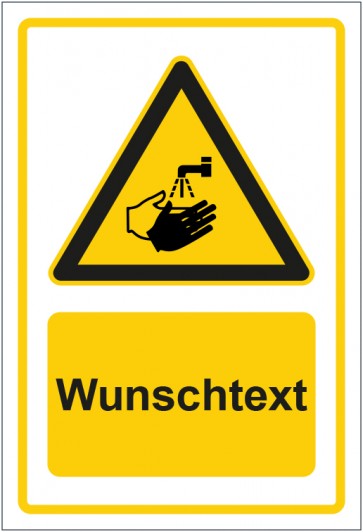 Aufkleber Warnzeichen Hinweiszeichen Achtung, Hände waschen gelb mit WUNSCHTEXT
