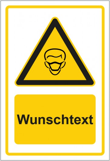Aufkleber Warnzeichen Hinweiszeichen Achtung, Mundschutz benutzen gelb mit WUNSCHTEXT · stark haftend