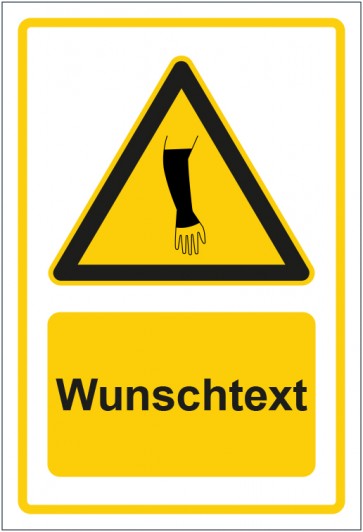 Schild Warnzeichen Hinweiszeichen Achtung, Armschutz tragen gelb mit WUNSCHTEXT · selbstklebend