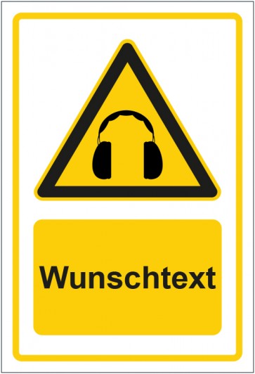 Schild Warnzeichen Hinweiszeichen Achtung, Gehörschutz tragen gelb mit WUNSCHTEXT