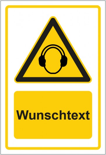 Schild Warnzeichen Hinweiszeichen Achtung, Gehörschutz tragen gelb mit WUNSCHTEXT