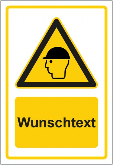 Schild Warnzeichen Hinweiszeichen Achtung, Kopfschutz tragen gelb mit WUNSCHTEXT