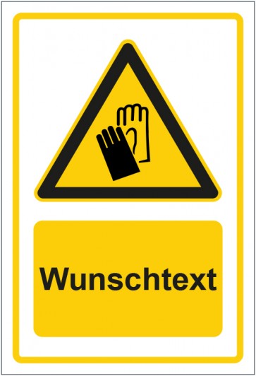 Aufkleber Warnzeichen Hinweiszeichen Achtung, Handschuhe tragen gelb mit WUNSCHTEXT