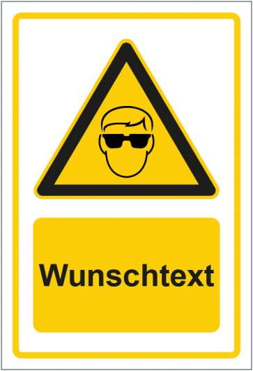Schild Warnzeichen Hinweiszeichen Achtung, Augenschutz tragen gelb mit WUNSCHTEXT