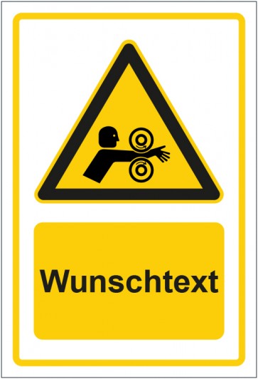 Aufkleber Warnzeichen Warnung vor Einzugsgefahr durch rotierende Walzen gelb mit WUNSCHTEXT