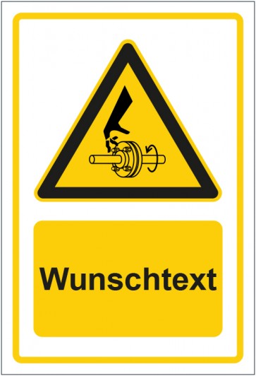 Schild Warnzeichen Warnung vor Handverletzung durch rotierende Welle gelb mit WUNSCHTEXT · selbstklebend