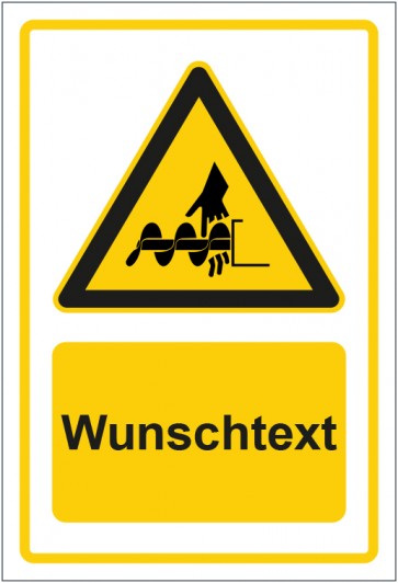 Schild Warnzeichen Warnung vor Handverletzung durch ungeschützt drehende Teile gelb mit WUNSCHTEXT · selbstklebend