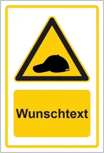 Schild Warnzeichen Hinweiszeichen Achtung, Anstoßkappe tragen gelb mit WUNSCHTEXT · selbstklebend