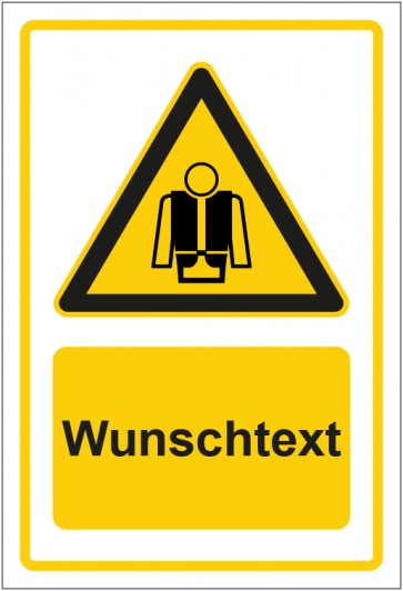 Schild Warnzeichen Hinweiszeichen Achtung, Rettungsweste tragen gelb mit WUNSCHTEXT