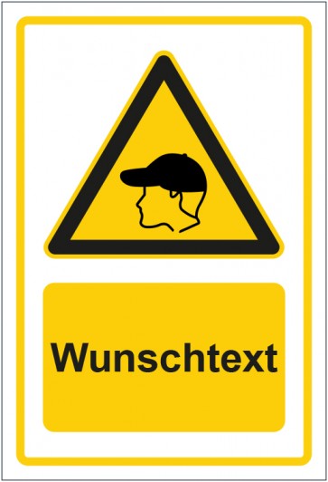 Magnetschild Warnzeichen Hinweiszeichen Achtung, Anstoßkappe tragen gelb mit WUNSCHTEXT
