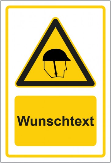 Schild Warnzeichen Hinweiszeichen Achtung Kopfschutz tragen gelb mit WUNSCHTEXT