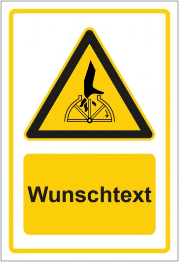 Schild Warnzeichen Warnung vor Handverletzung durch rotierende Teile gelb mit WUNSCHTEXT
