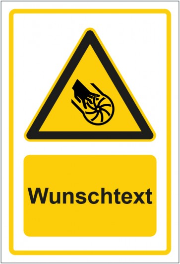 Schild Warnzeichen Warnung vor Handverletzung durch rotierende Teile gelb mit WUNSCHTEXT