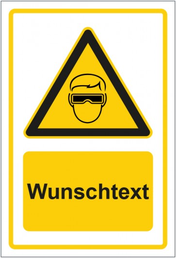 Aufkleber Warnzeichen Hinweiszeichen Achtung, Augenschutz tragen gelb mit WUNSCHTEXT · stark haftend