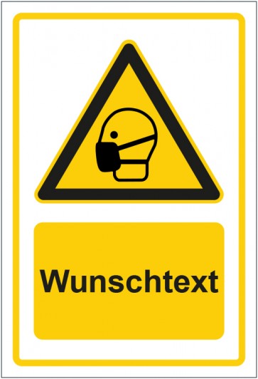 Aufkleber Warnzeichen Hinweiszeichen Achtung, Mundschutz tragen gelb mit WUNSCHTEXT