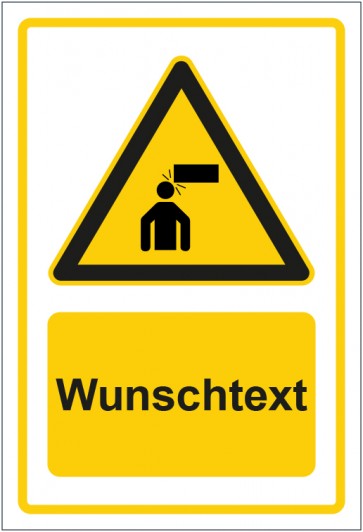 Aufkleber Warnzeichen Hinweiszeichen Achtung, Gegenstände im Kopfbereich gelb mit WUNSCHTEXT