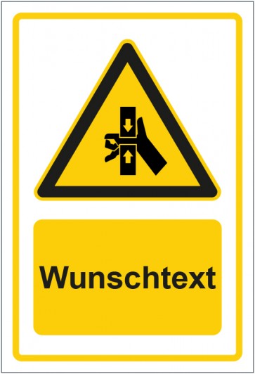 Schild Warnzeichen Warnung vor Handverletzung durch Quetschgefahr gelb mit WUNSCHTEXT