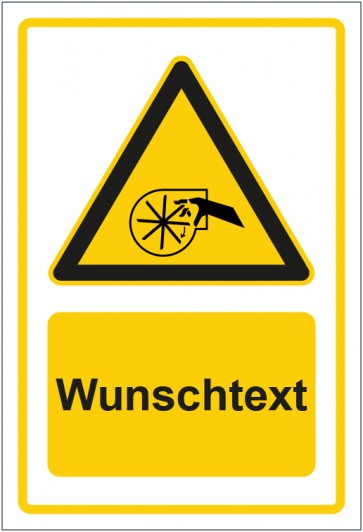 Schild Warnzeichen Warnung vor Handverletzung durch drehendes Lüfterrad gelb mit WUNSCHTEXT · selbstklebend