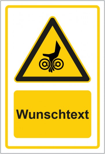 Aufkleber Warnzeichen Warnung vor Einzugsgefahr durch gegenläufige Rollen gelb mit WUNSCHTEXT