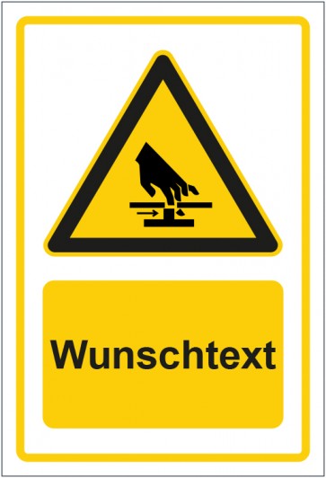 Schild Warnzeichen Warnung vor Handverletzung gelb mit WUNSCHTEXT