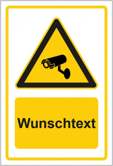Schild Warnzeichen Hinweiszeichen Achtung, Videoüberwachung gelb mit WUNSCHTEXT