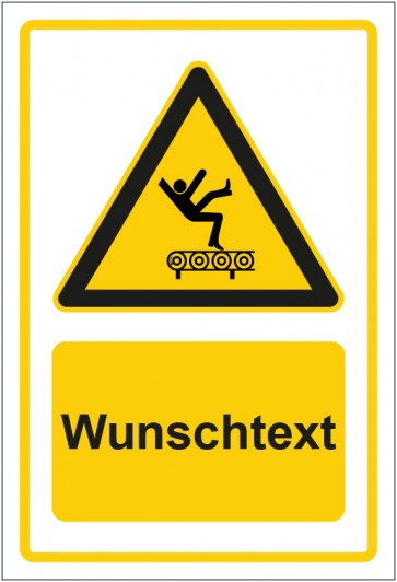 Schild Warnzeichen Warnung vor Absturzgefahr auf dem Förderband gelb mit WUNSCHTEXT