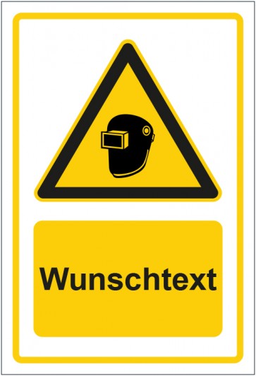 Schild Warnzeichen Hinweiszeichen Achtung, Schweißmaske tragen gelb mit WUNSCHTEXT · selbstklebend