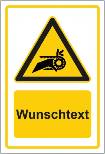 Schild Warnzeichen Warnung vor Einzug durch Riemenantrieb gelb mit WUNSCHTEXT