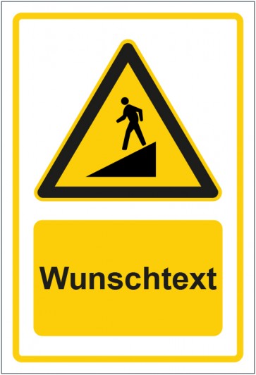 Schild Warnzeichen Warnung vor Gefälle gelb mit WUNSCHTEXT