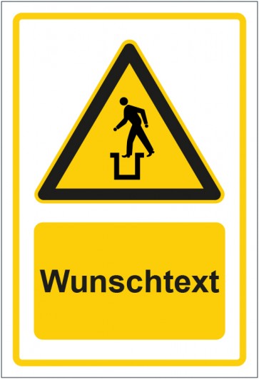 Schild Warnzeichen Warnung vor offener Grube gelb mit WUNSCHTEXT