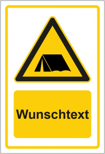 Schild Warnzeichen Hinweiszeichen Achtung, Camping Platz gelb mit WUNSCHTEXT · selbstklebend
