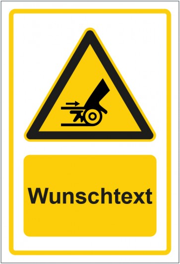 Aufkleber Warnzeichen Warnung Handverletzung durch Riemenantrieb gelb mit WUNSCHTEXT